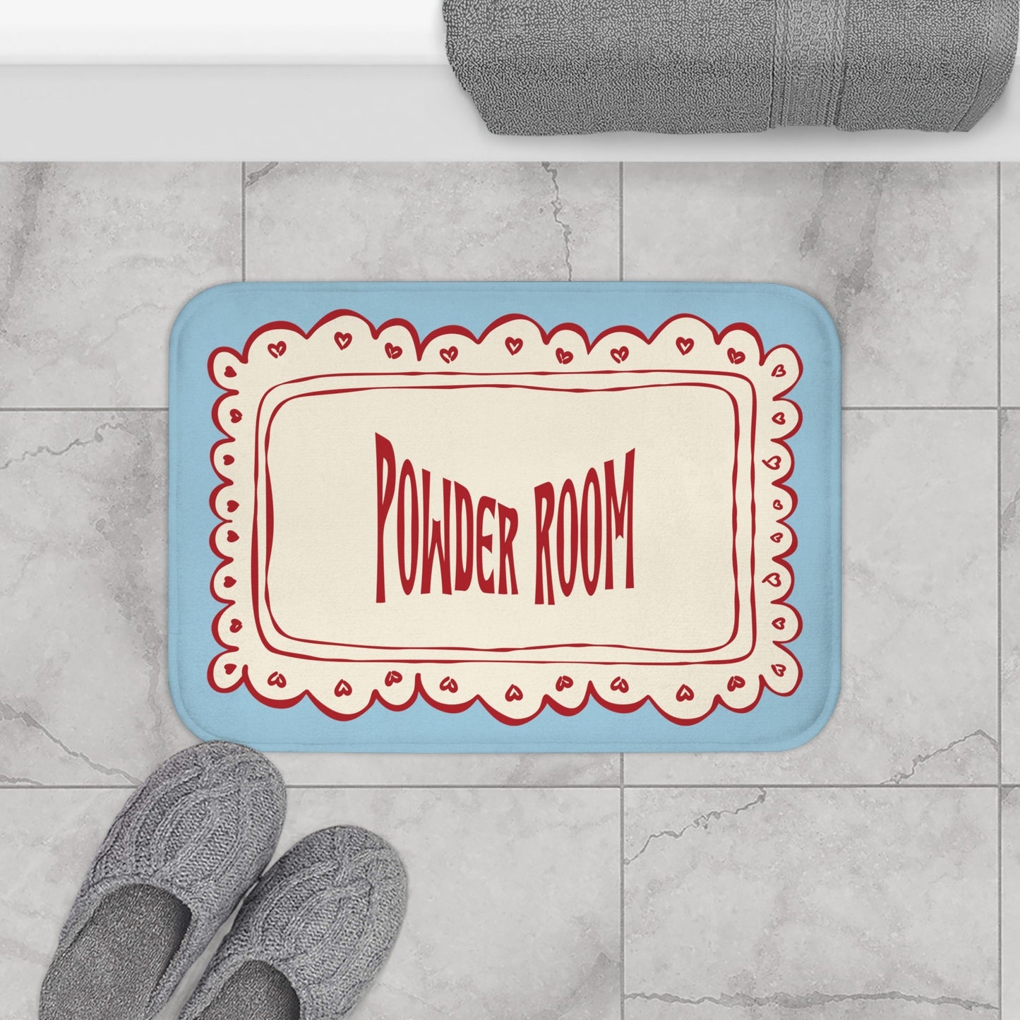 Powder Room Bath Mat | Pastel Blue Vintage Lace Doily Bathroom Rug