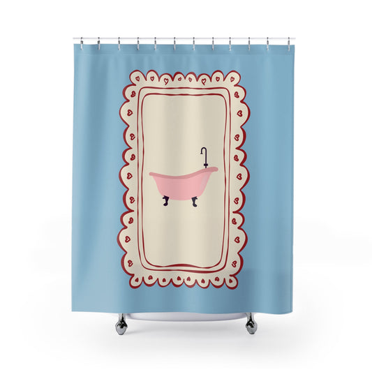 Shower curtain with a pink bathtub design on a light blue background