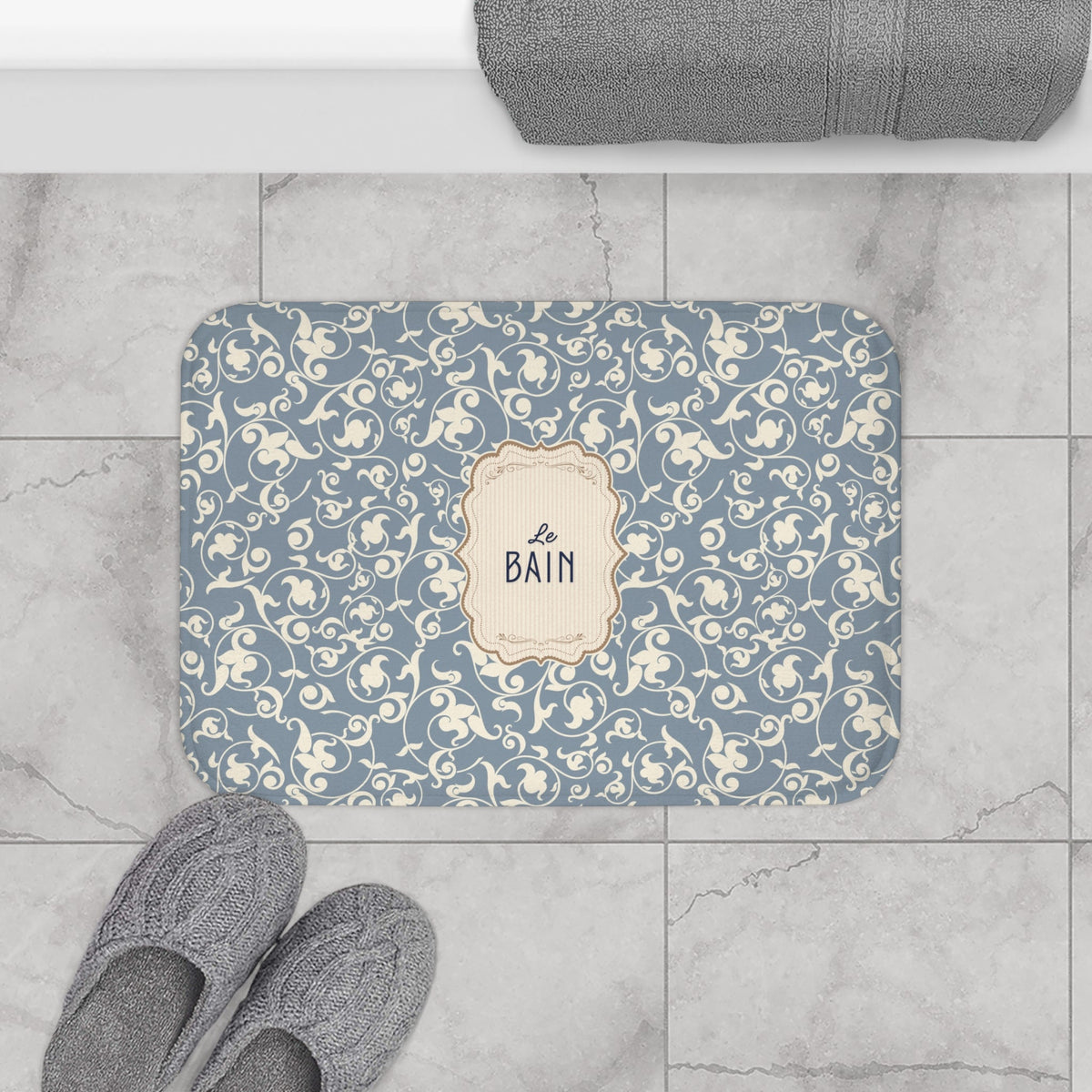 Le Bain Vintage Floral Bath Mat, Grey-Blue Pattern