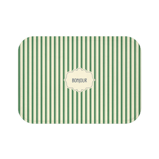Bonjour GREEN Stripe Bath Mat — Vintage French Bathroom Rug