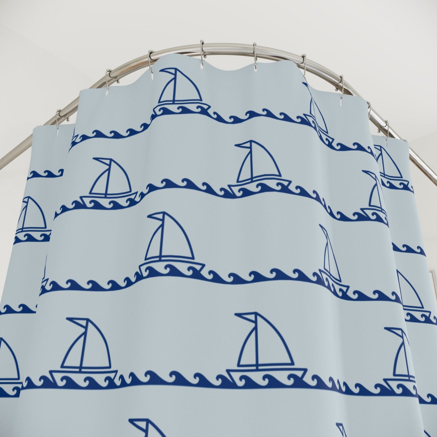 Nautical Sailboat Wave Shower Curtain — Blue Coastal Bathroom Decor