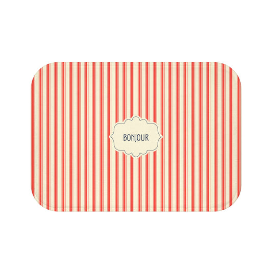 Bonjour RED Stripe Bath Mat — Vintage French Bathroom Rug