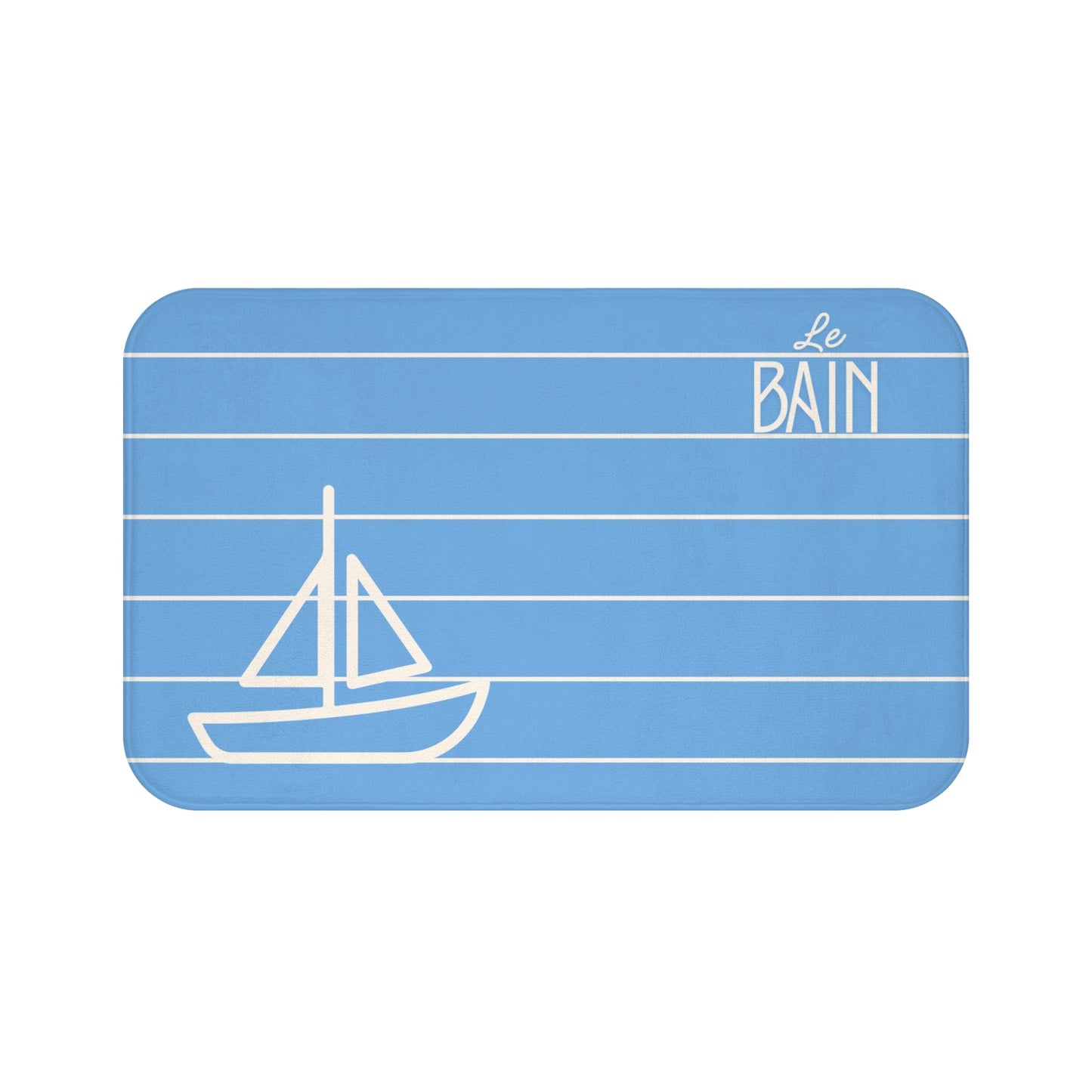 Nautical Baby Blue “Le Bain” Bath Mat — Striped Kid's Sailboat Bathroom Rug