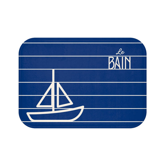 Nautical Blue “Le Bain” Bath Mat — Striped Kid's Sailboat Bathroom Rug
