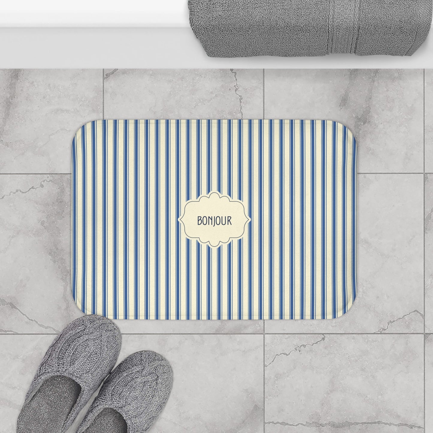 Bonjour FRENCH BLUE Stripe Bath Mat — Vintage French Bathroom Rug