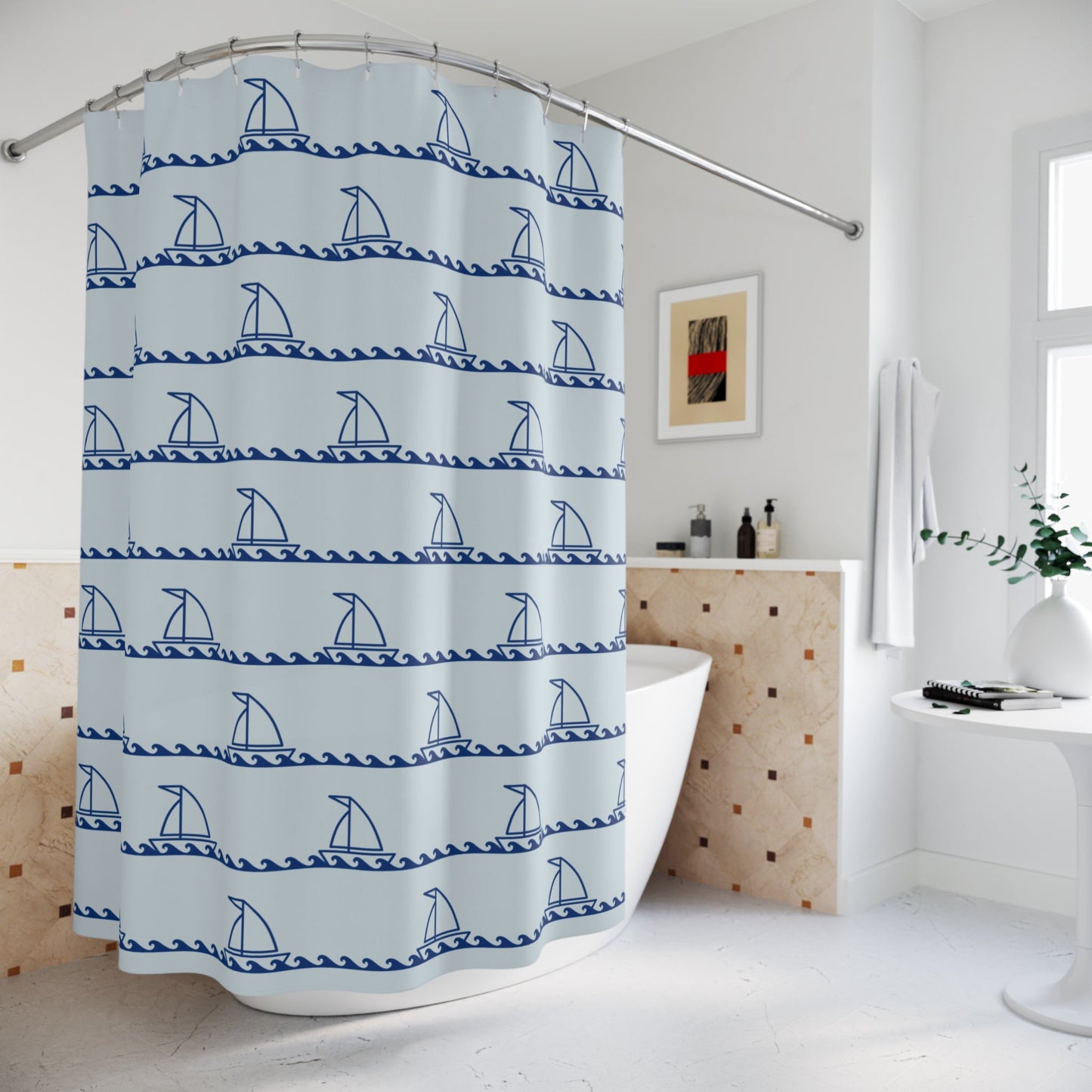 Nautical Sailboat Wave Shower Curtain — Blue Coastal Bathroom Decor