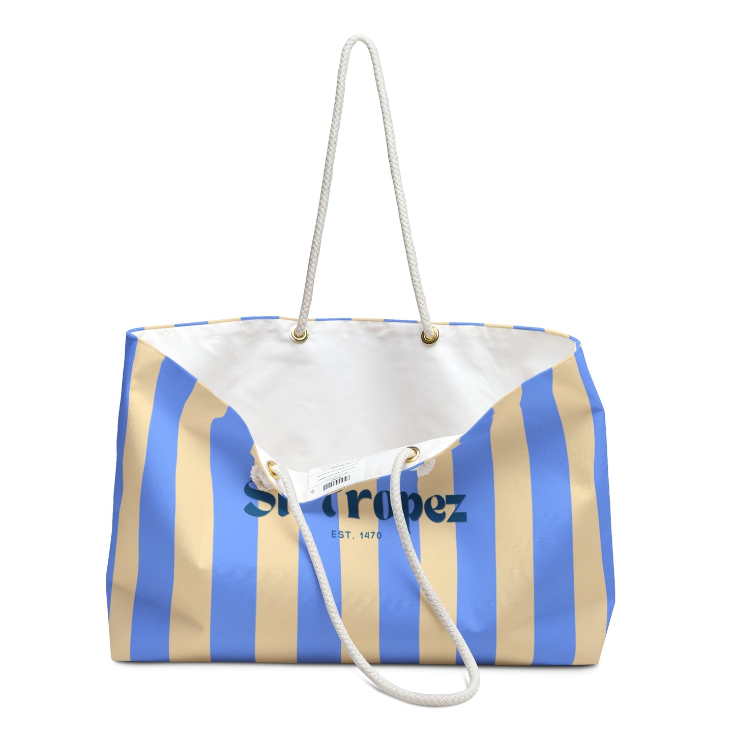 St. Tropez Striped Weekender Bag, Soft Blue — Beach Tote with Rope Handles