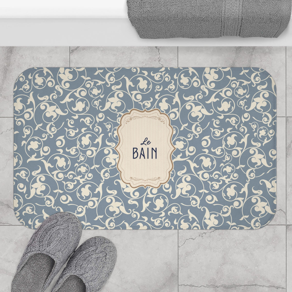Le Bain Vintage Floral Bath Mat, Grey-Blue Pattern