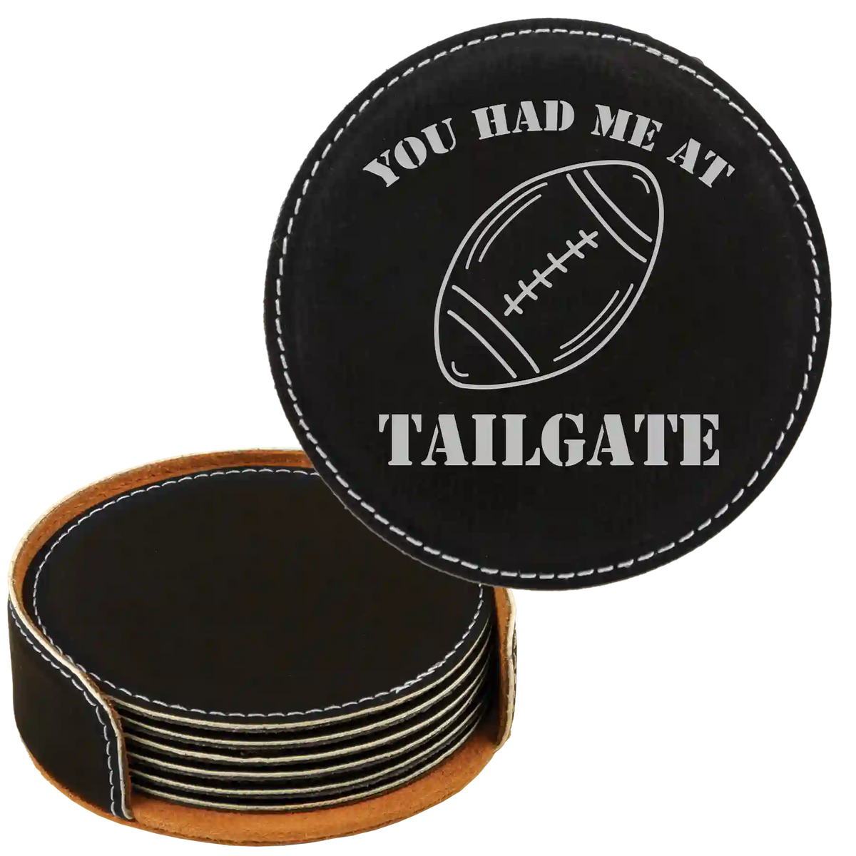 Tailgate Round Leatherette Coasters Set of 6 | Black/Silver