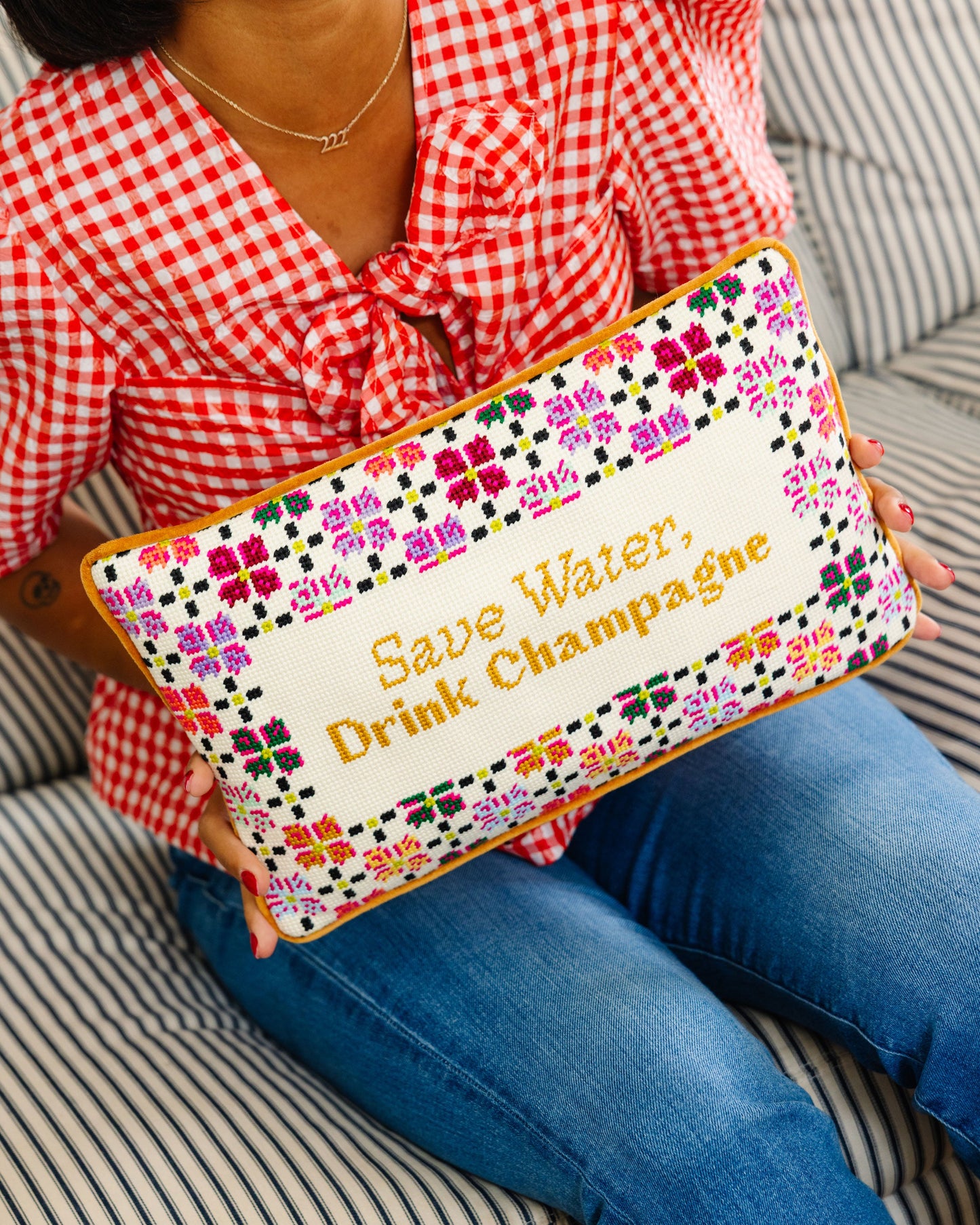 Drink Champagne Needlepoint Pillow