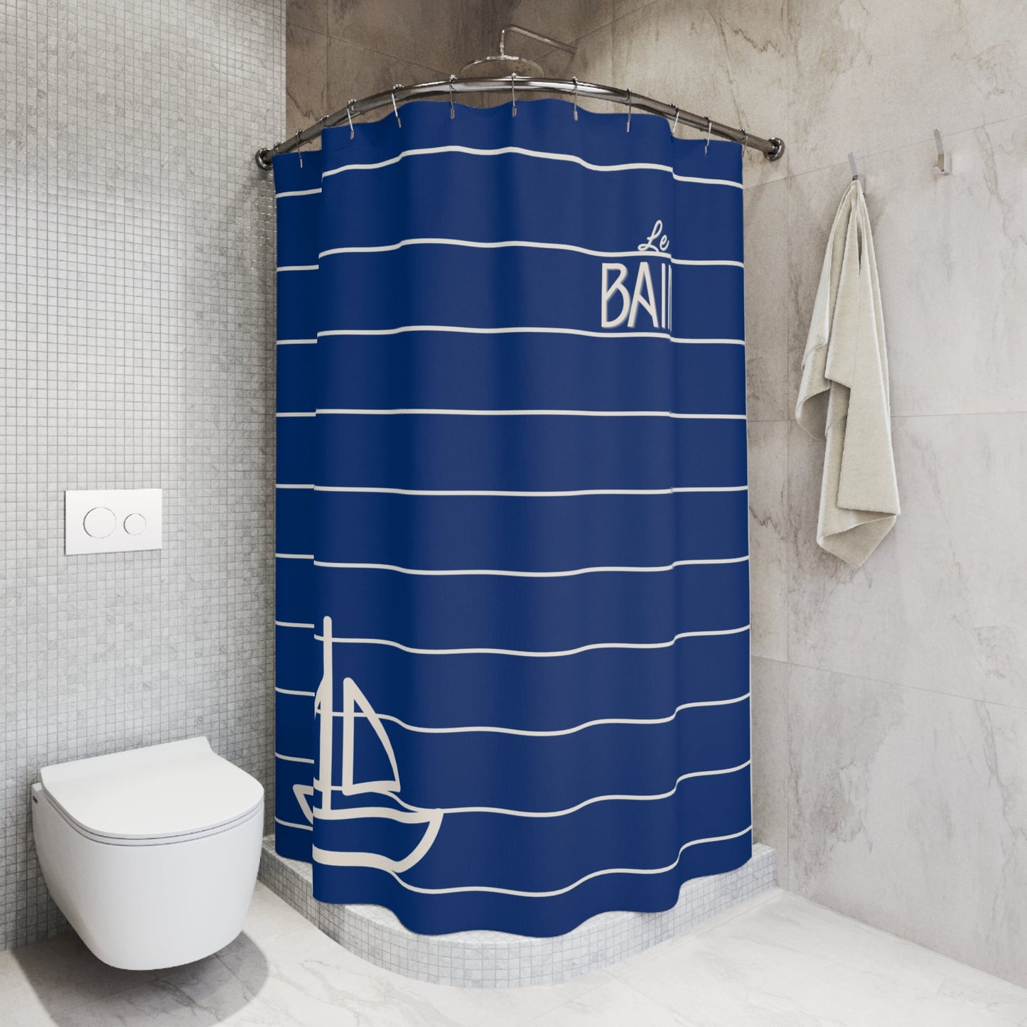 Nautical Blue 'Le Bain' Shower Curtain — Striped Sailboat Bathroom Decor