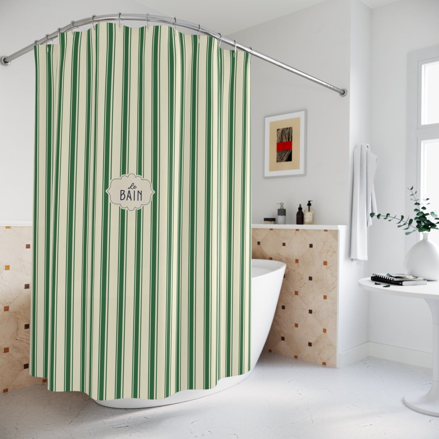 Le Bain Green Striped  Shower Curtain | Vintage French Bathroom