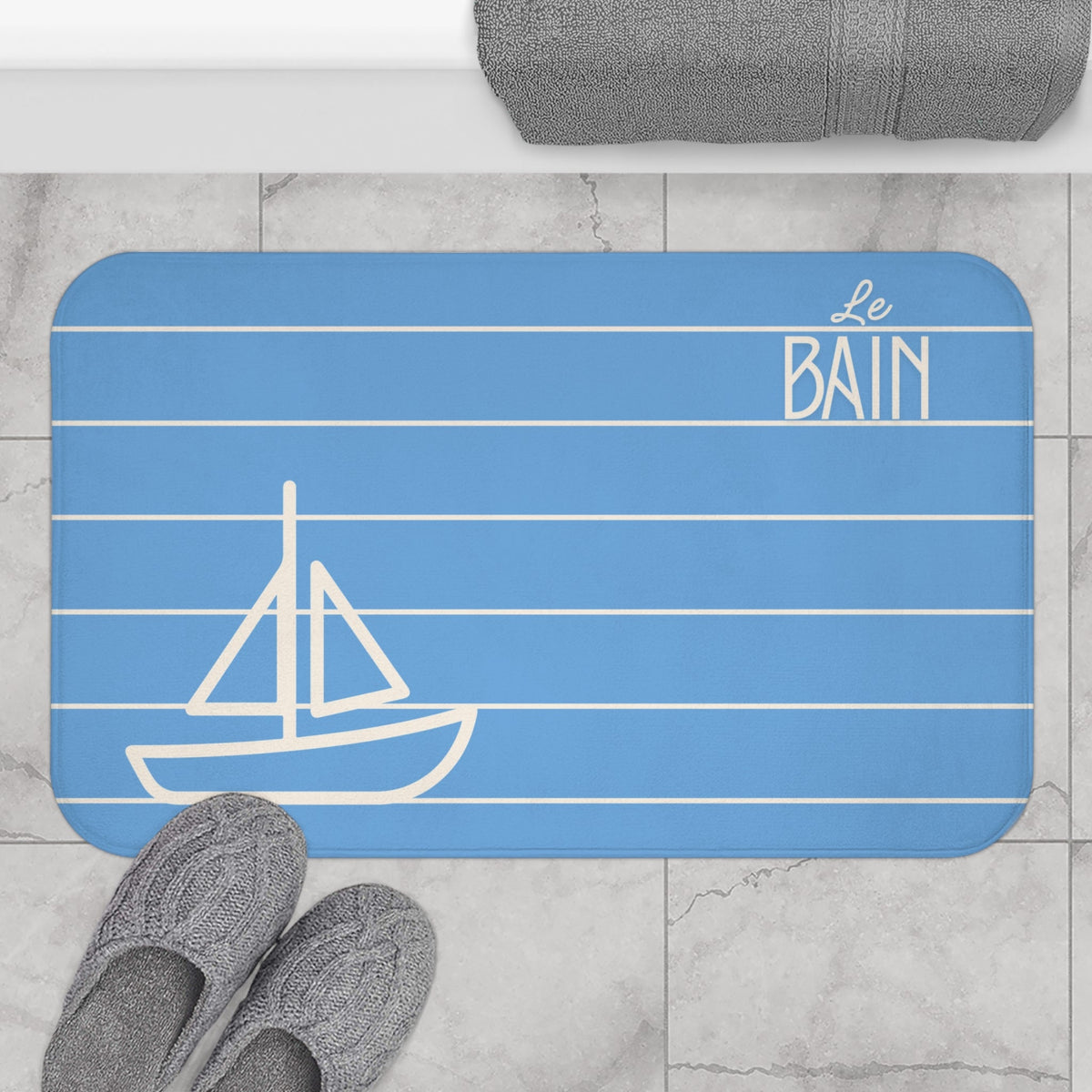 Nautical Baby Blue “Le Bain” Bath Mat — Striped Kid's Sailboat Bathroom Rug