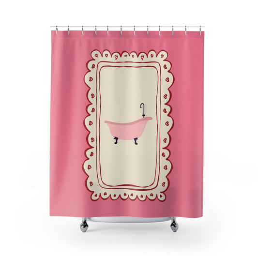 Shower curtain with a pink bathtub design on a white background