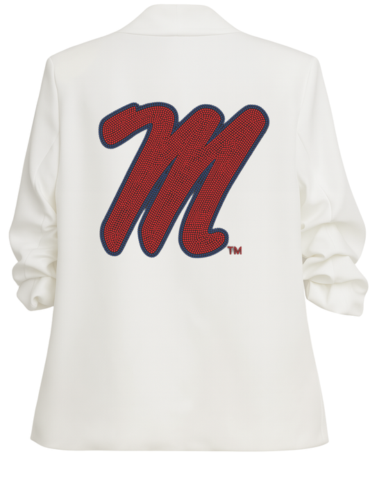 Ole Miss Script M White Ruched Sleeve Blazer