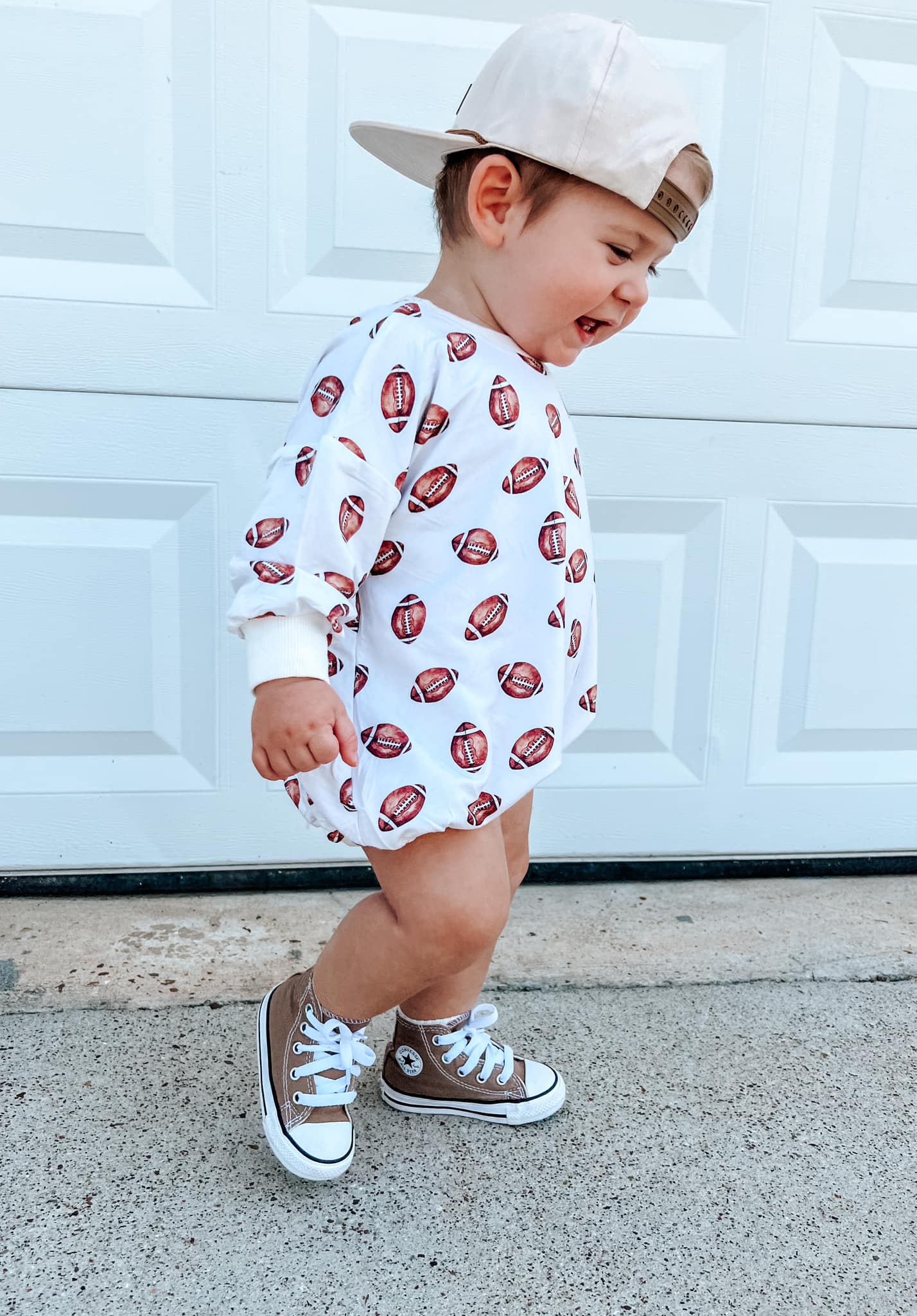 Football Print Bamboo Bubble Romper with Optional Embroidery