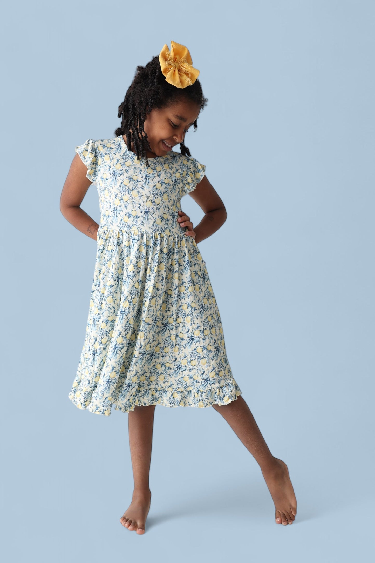 VINTAGE CITRUS TOILE CAP SLEEVE DREAM RUFFLE DRESS