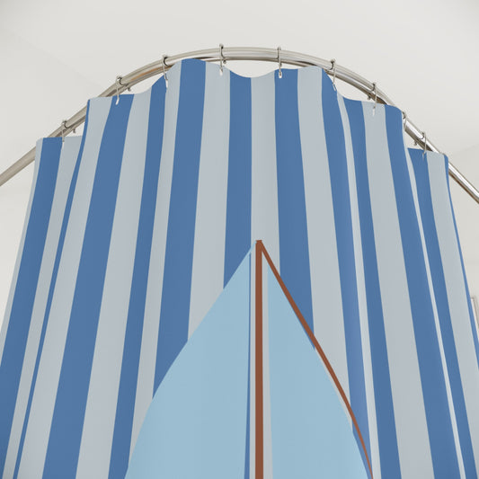 Nautical Blue Striped Shower Curtain with Vintage Sailboat — Coastal Bathroom Decor
