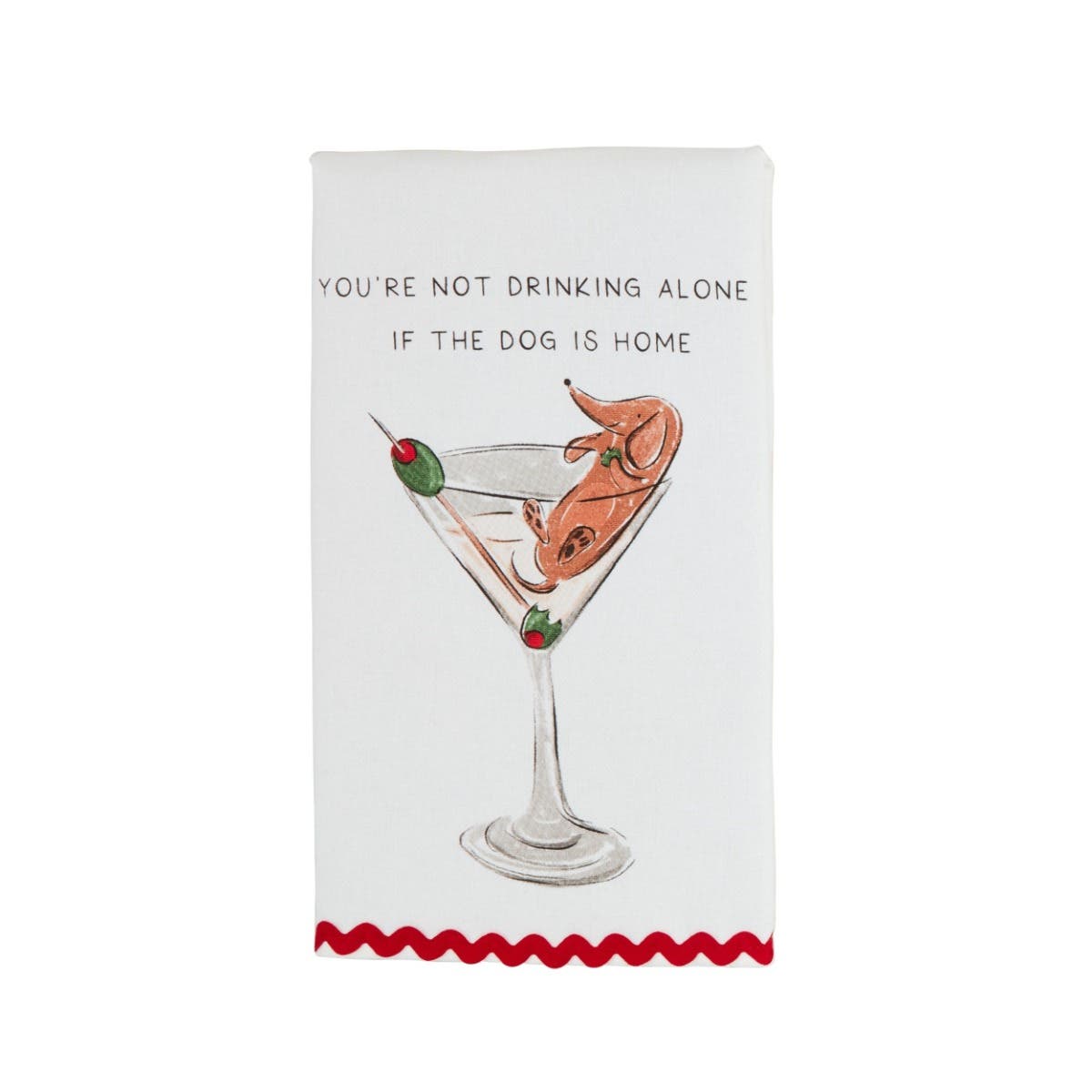 Tea towel with a martini glass design and text on a white background