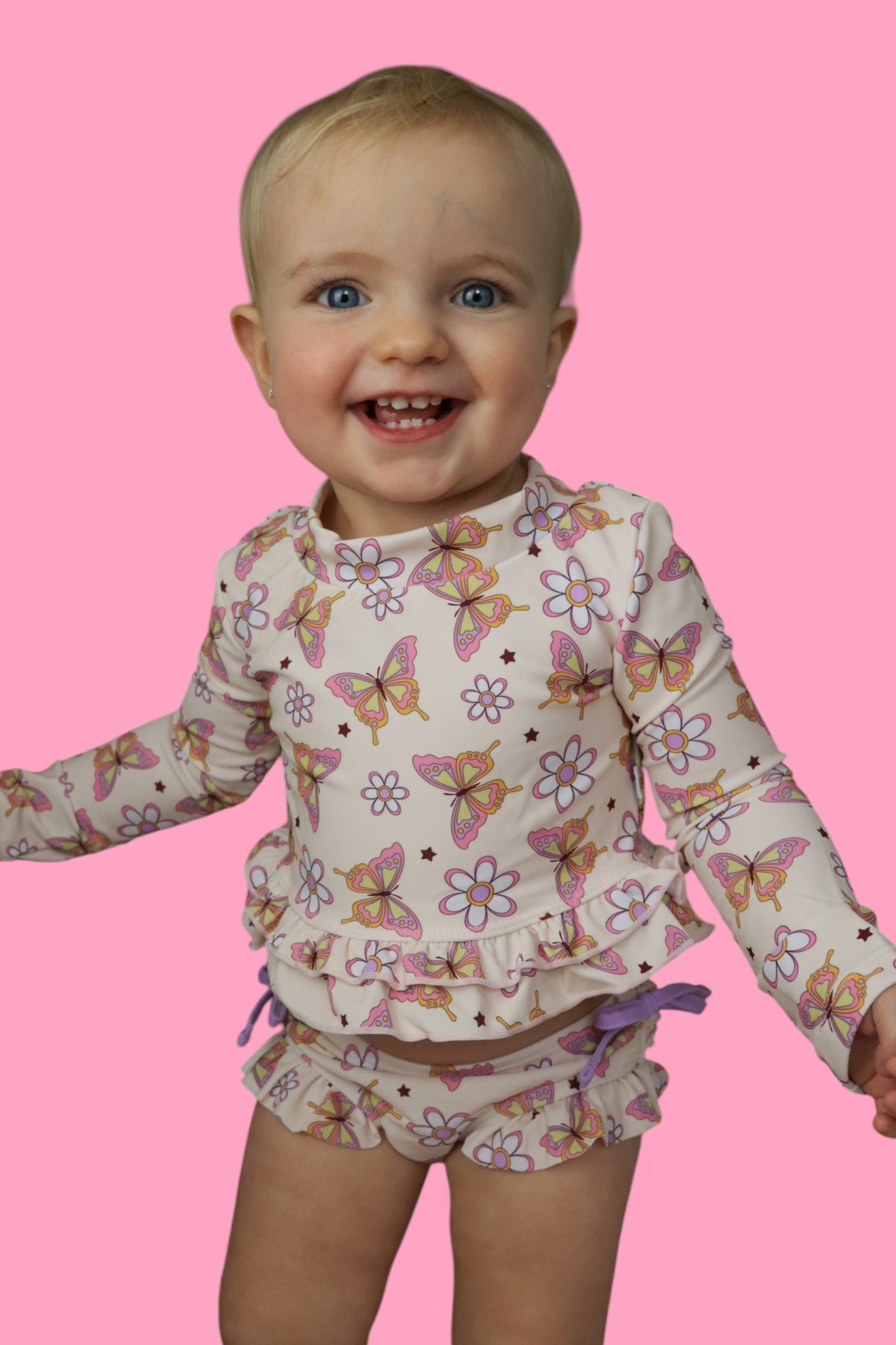 BLOSSOMIN’ BUTTERFLY DREAM 2-PIECE RASH GUARD RUFFLE SWIM SUIT