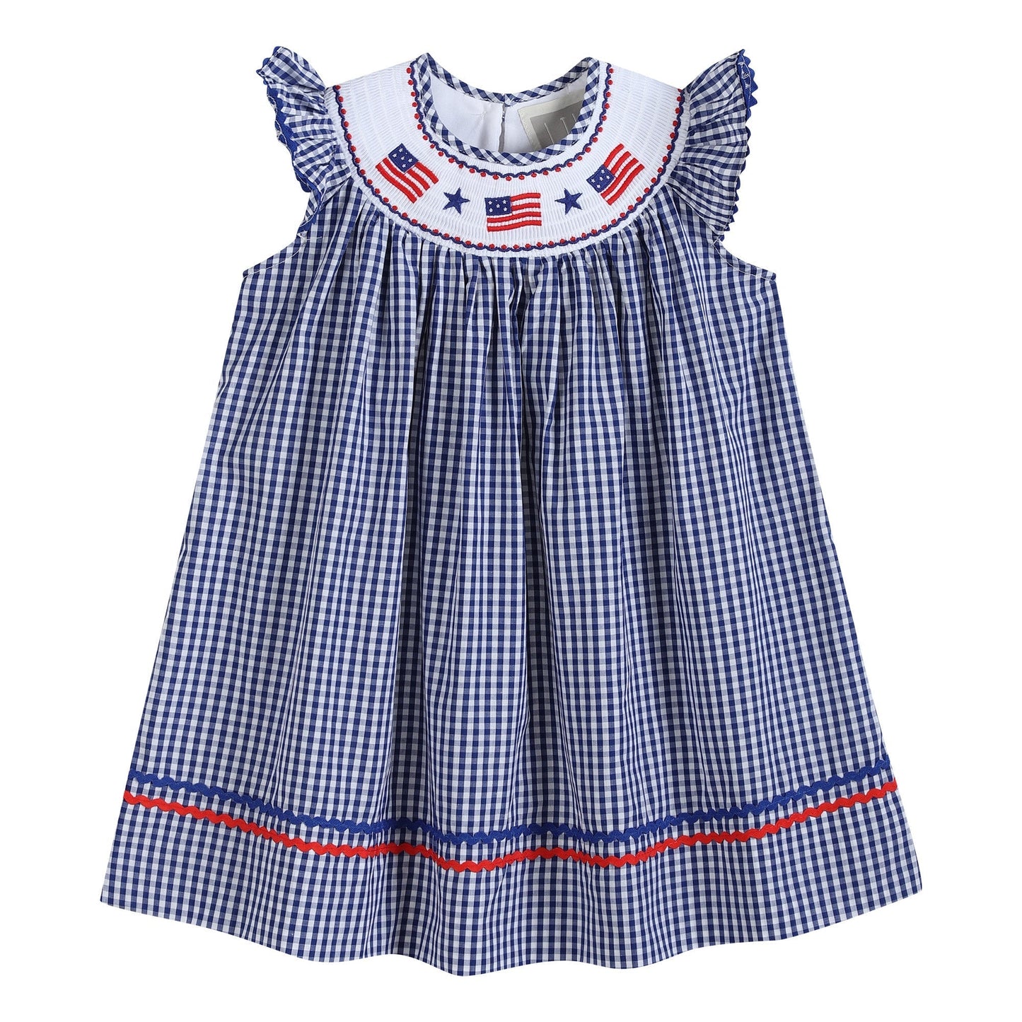 4th of July Royal Blue Gingham American Flag Smocked Bishop Dress