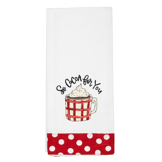 A white cotton tea towel with a red polka dot pattern and a graphic of a hot chocolate mug with 'So Cocoa For You' text.