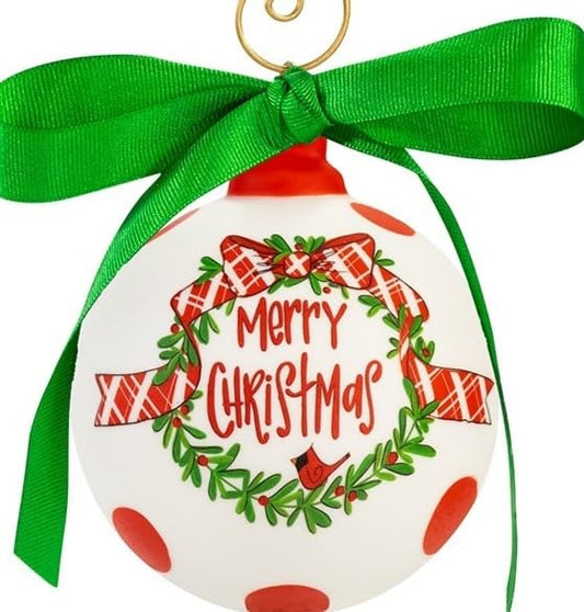 Merry Christmas round painted ornament with a green ribbon