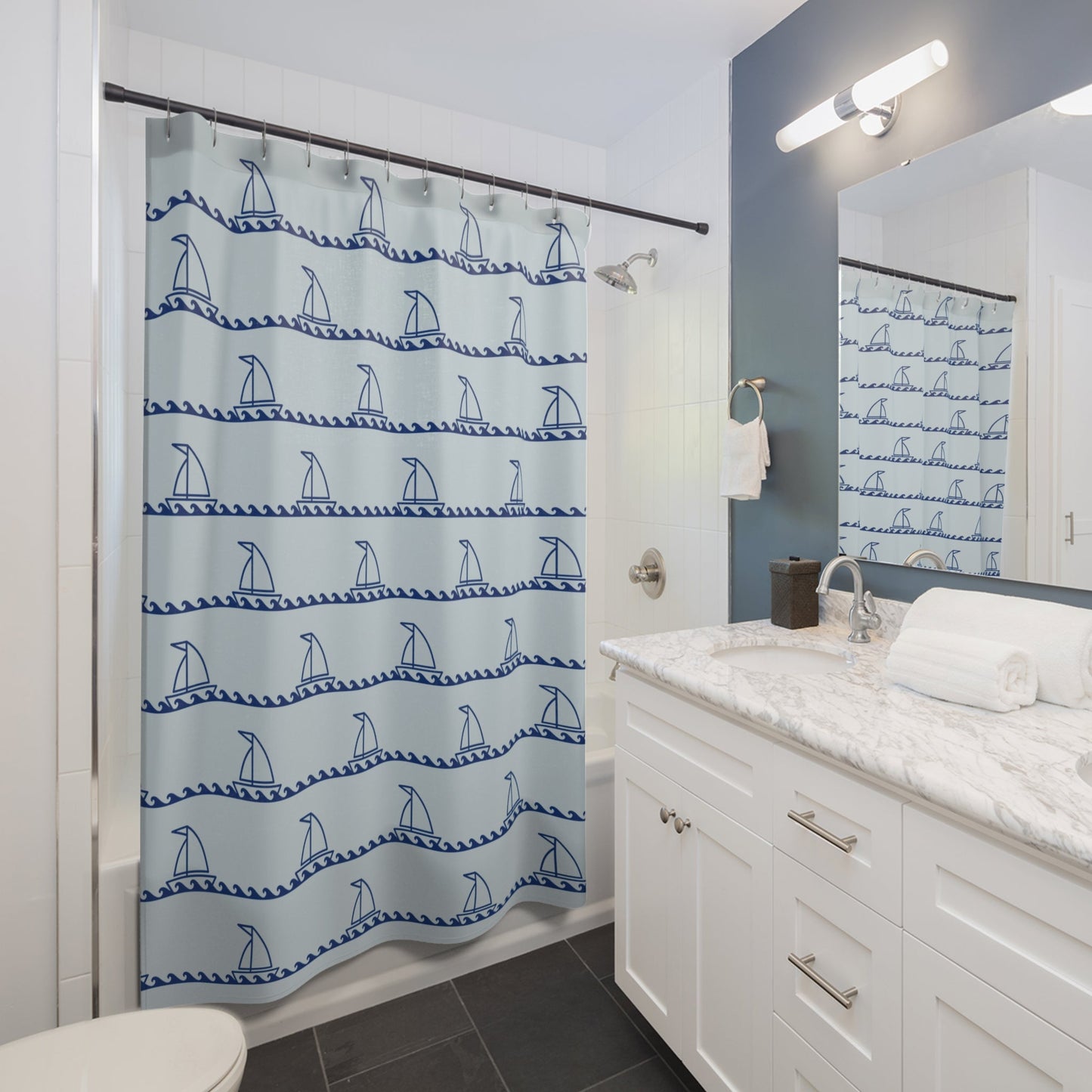 Nautical Sailboat Wave Shower Curtain — Blue Coastal Bathroom Decor