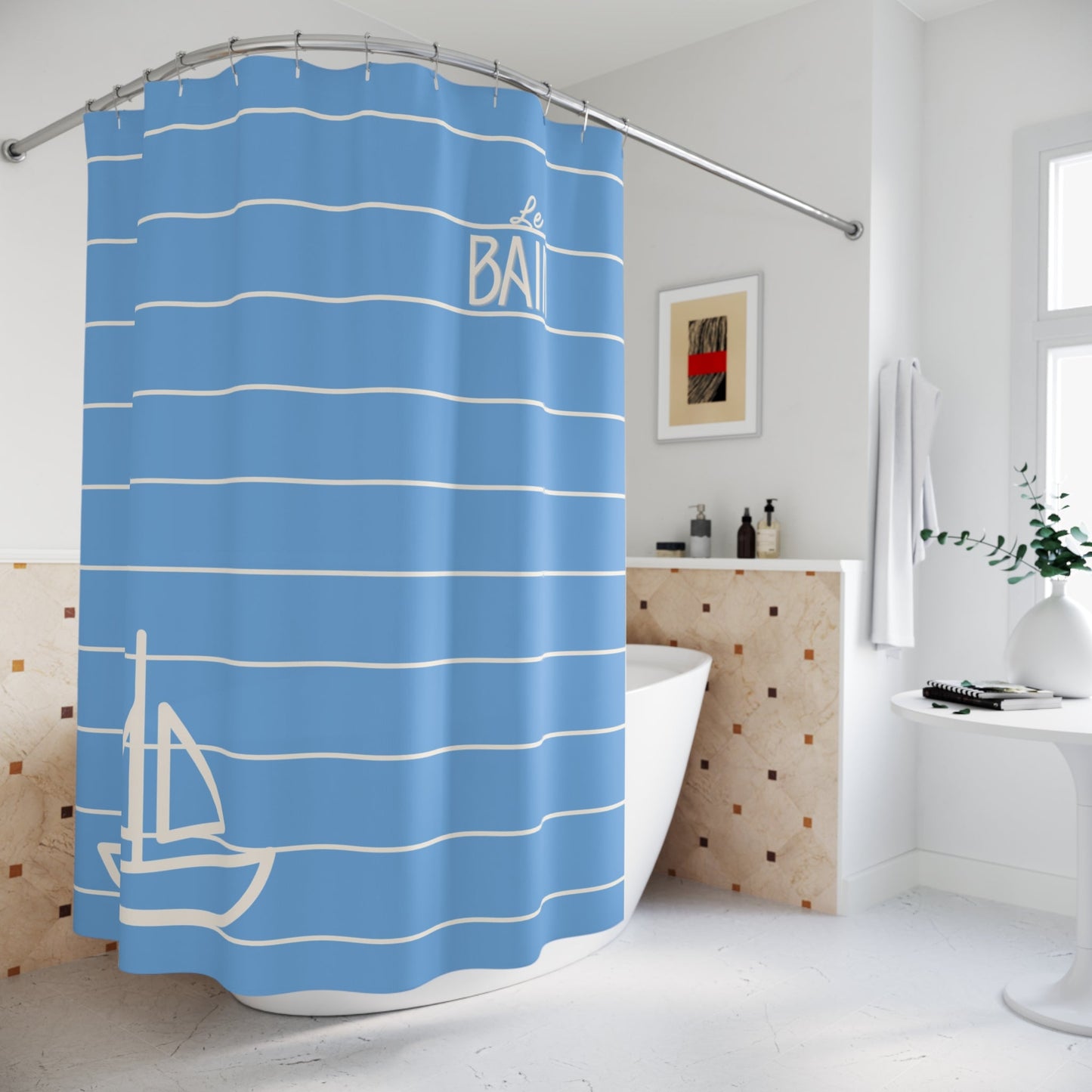 Baby Blue 'Le Bain' Shower Curtain — Striped Sailboat Kid's Bathroom Decor