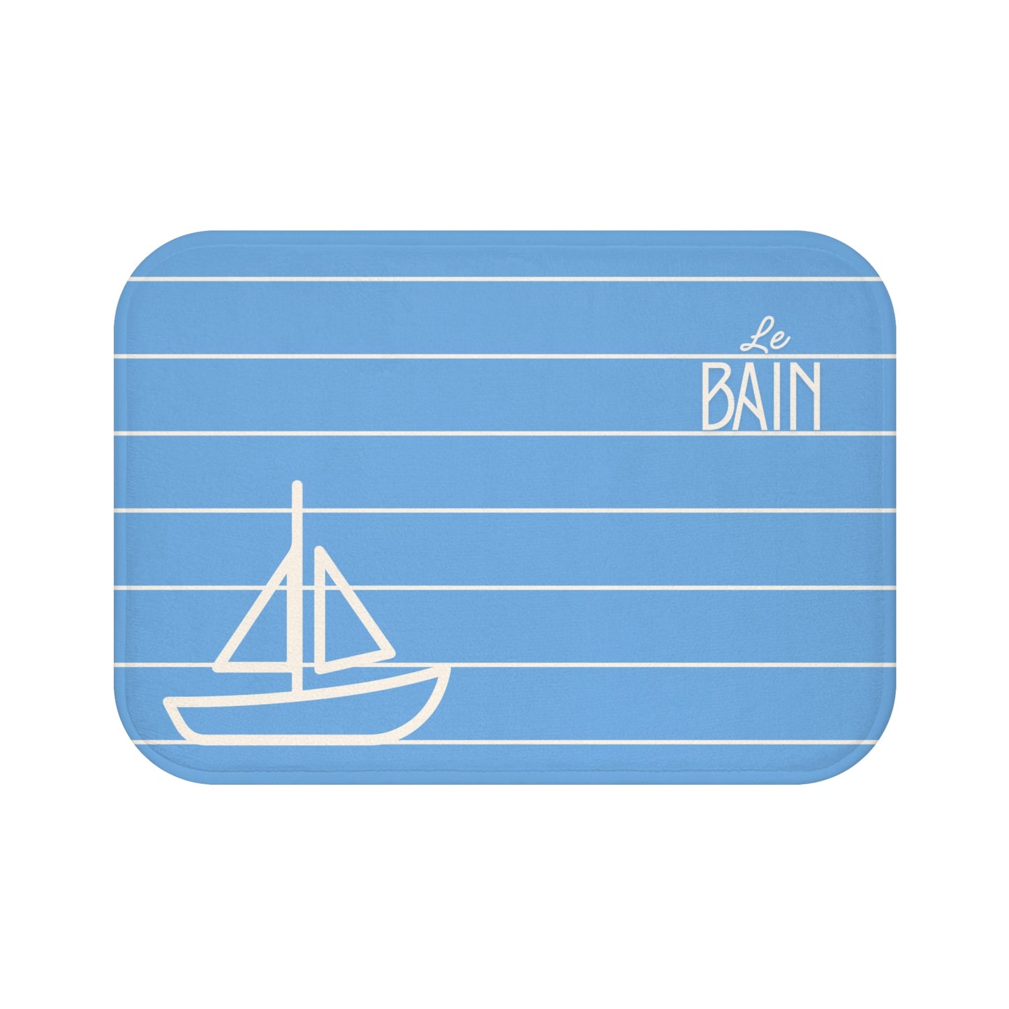 Nautical Baby Blue “Le Bain” Bath Mat — Striped Kid's Sailboat Bathroom Rug
