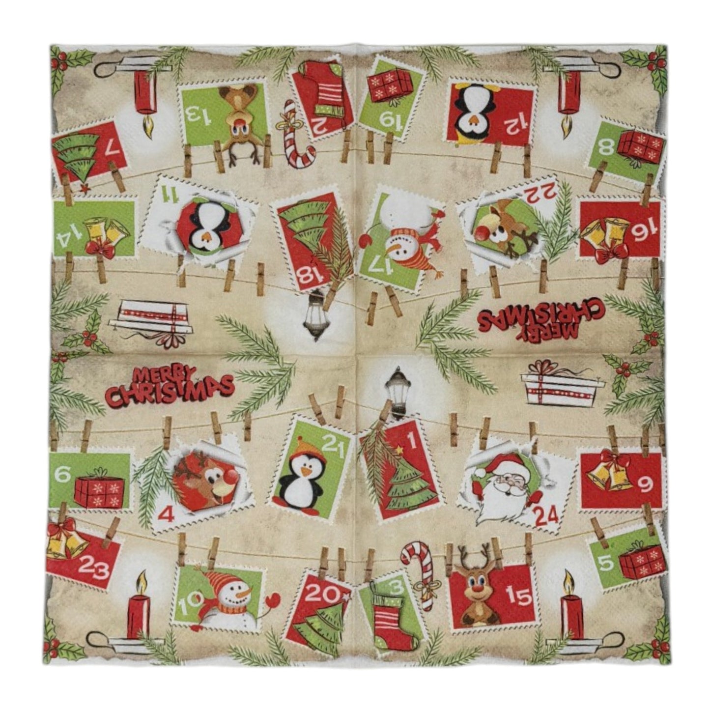 
Cocktail-size decoupage paper napkin featuring numbered advent postage stamps clipped to twine with wooden clothespins showing holiday motifs including Santa, reindeer, Christmas tree, candy cane, stocking, and bells on a warm aged kraft paper background with pine sprigs and holly.
