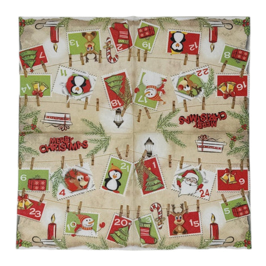 
Cocktail-size decoupage paper napkin featuring numbered advent postage stamps clipped to twine with wooden clothespins showing holiday motifs including Santa, reindeer, Christmas tree, candy cane, stocking, and bells on a warm aged kraft paper background with pine sprigs and holly.
