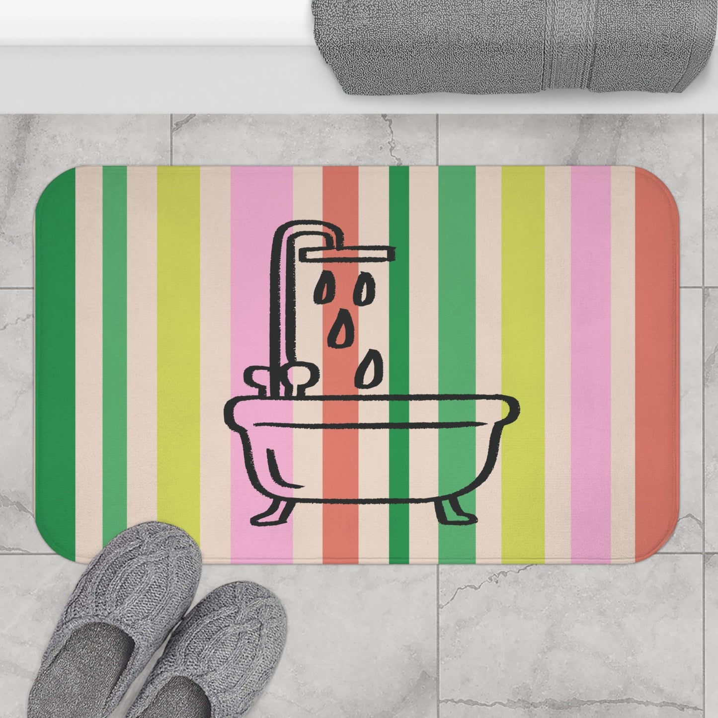 Striped Pastel Bath Mat with Bathtub Icon — Cute Bathroom Rug