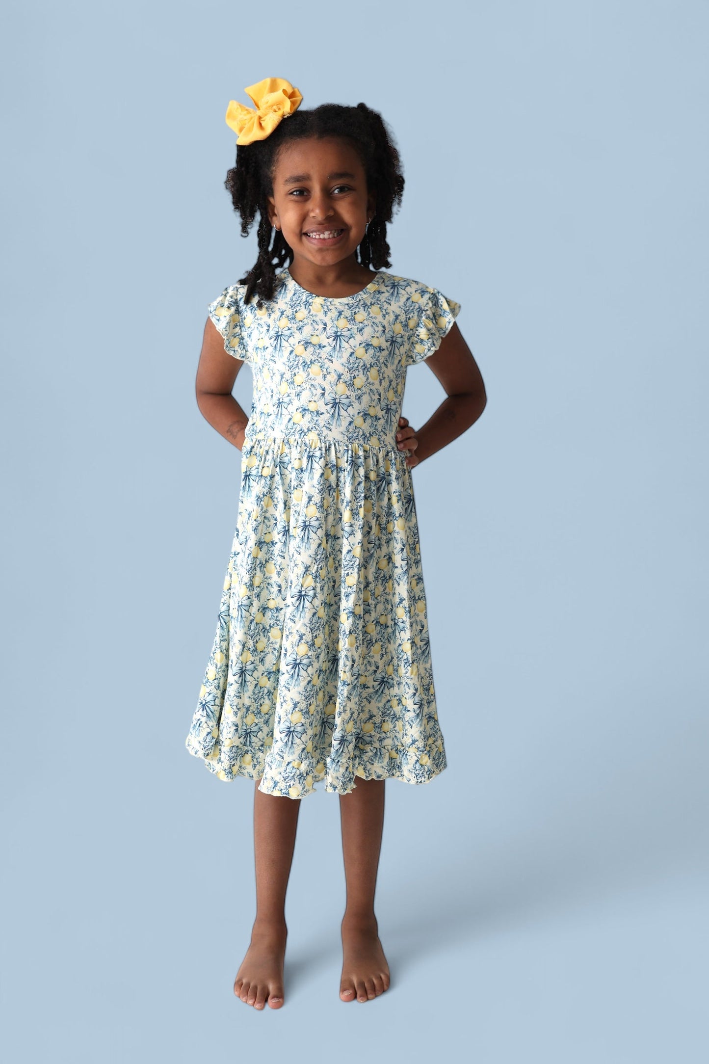 VINTAGE CITRUS TOILE CAP SLEEVE DREAM RUFFLE DRESS