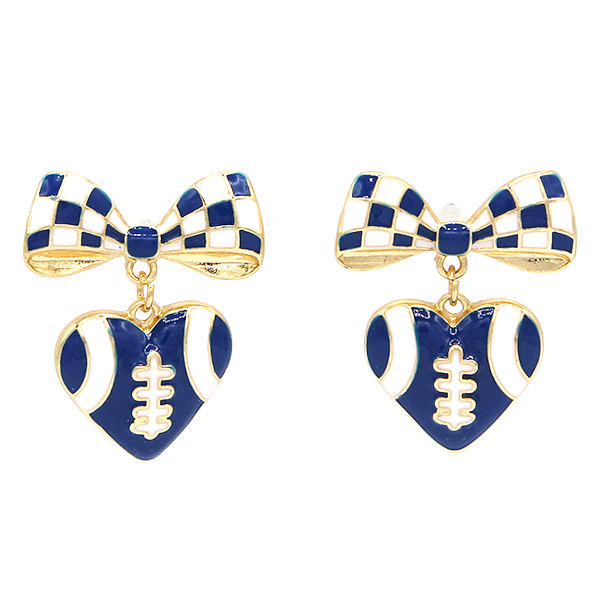 Enamel Bow Heart Gameday Team Spirit Drop Blue White Earrings