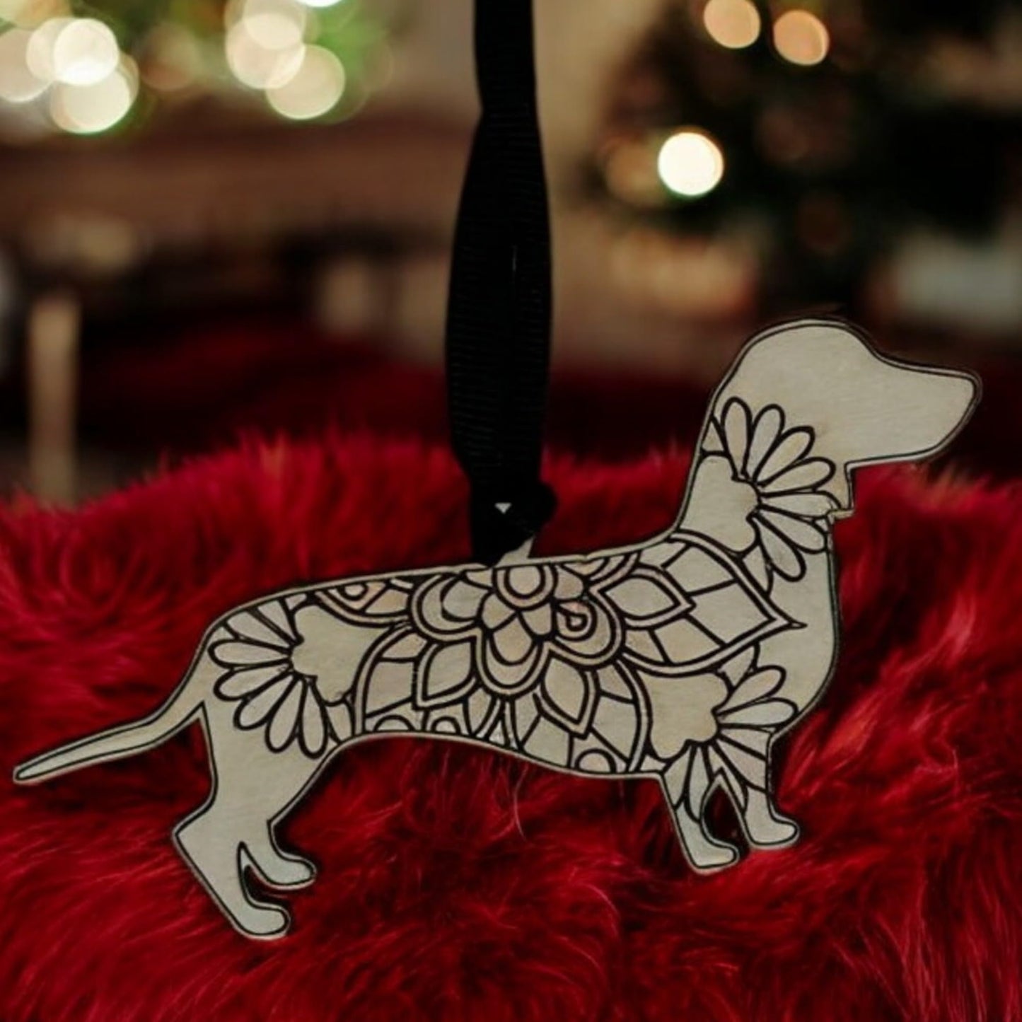 Dachshund Handcrafted Wooden Dog Ornament, Carved Mandala Design