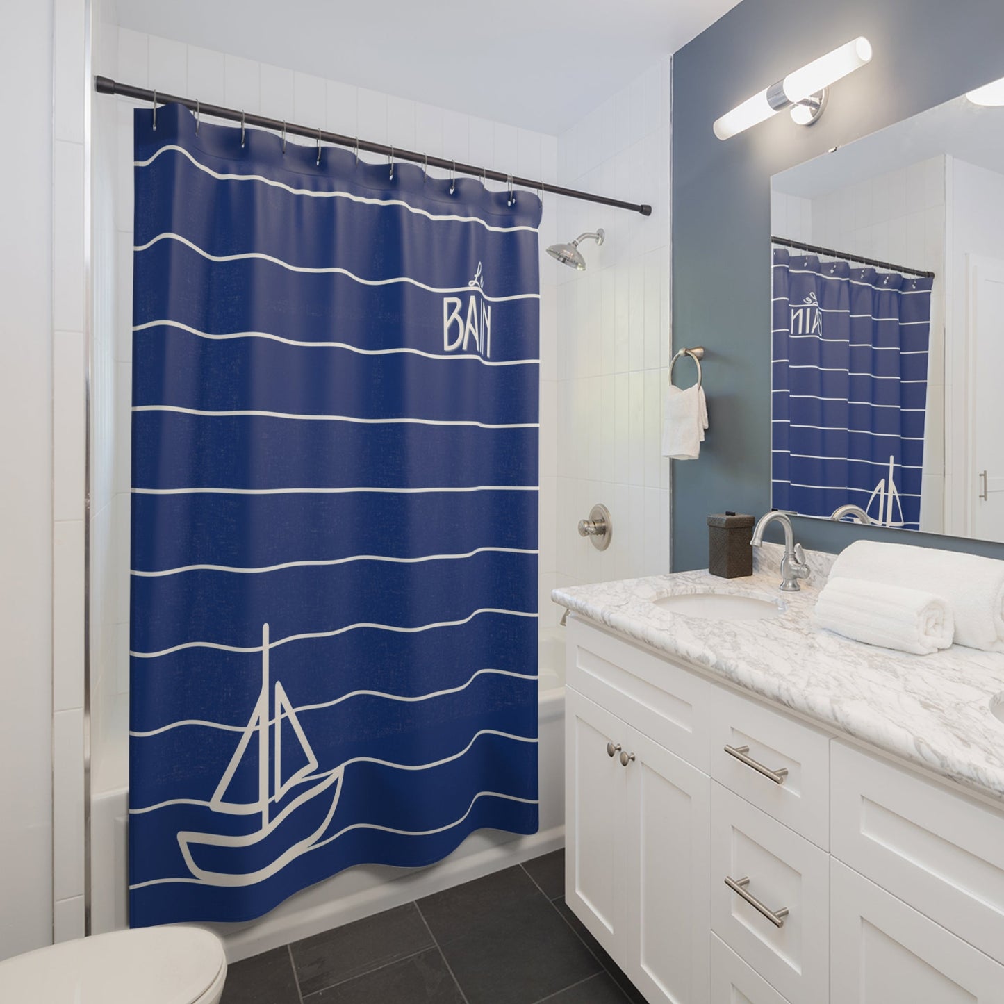 Nautical Blue 'Le Bain' Shower Curtain — Striped Sailboat Bathroom Decor