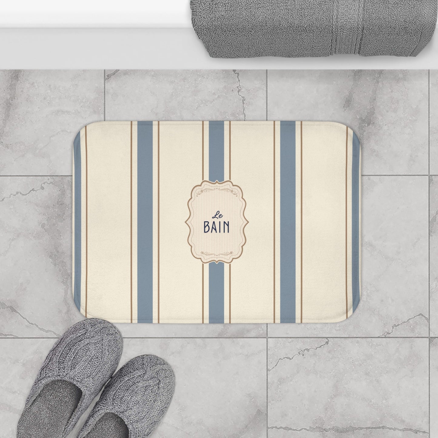 Le Bain Classic Striped Bath Mat | French Bathroom Decor, Neutral Grey-Blue  Stripes