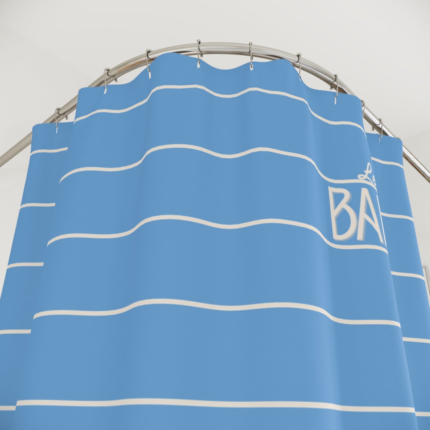Baby Blue 'Le Bain' Shower Curtain — Striped Sailboat Kid's Bathroom Decor