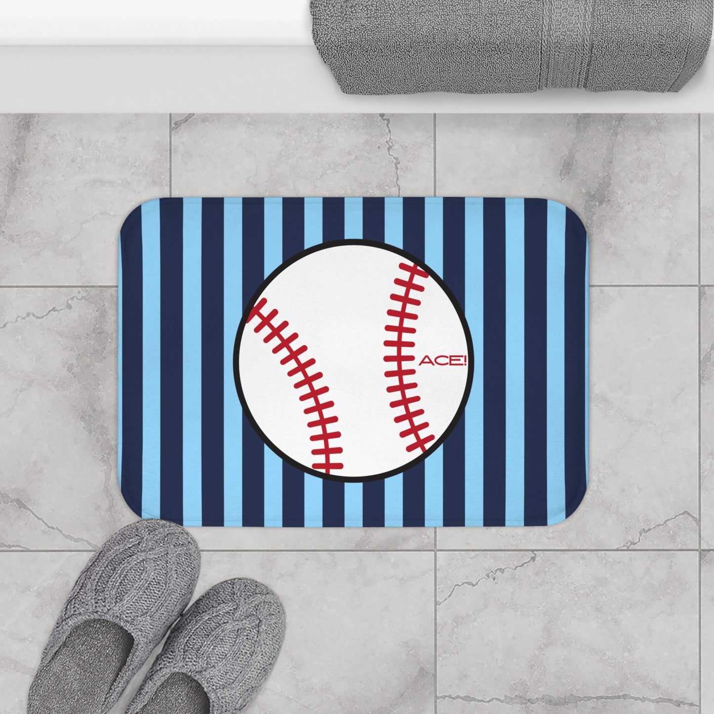 Baseball Bath Mat – Blue Striped Soft Non-Slip Bathroom Rug