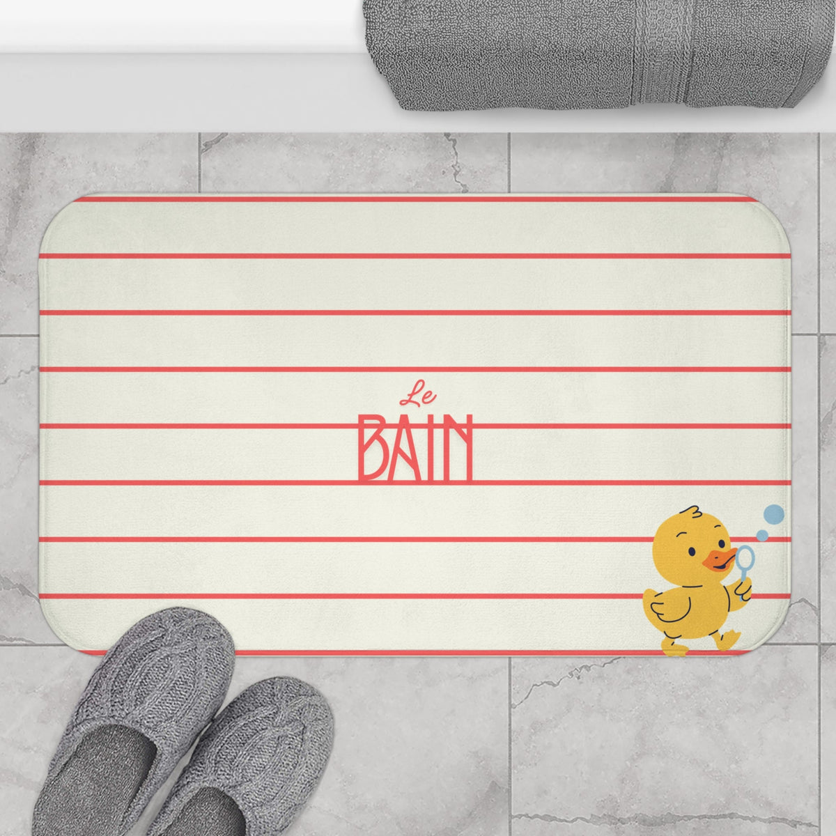 Rubber Duck Bath Mat – Cute 'Le Bain' Red Striped Bathroom Rug for Kids