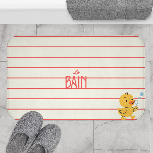 Rubber Duck Bath Mat – Cute 'Le Bain' Red Striped Bathroom Rug for Kids