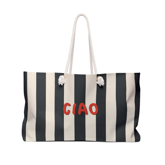 CIAO Stripe Weekender Bag — Black & Cream Oversized Beach Tote