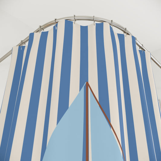 Nautical Cream Striped Shower Curtain with Vintage Sailboat — Coastal Bathroom Decor