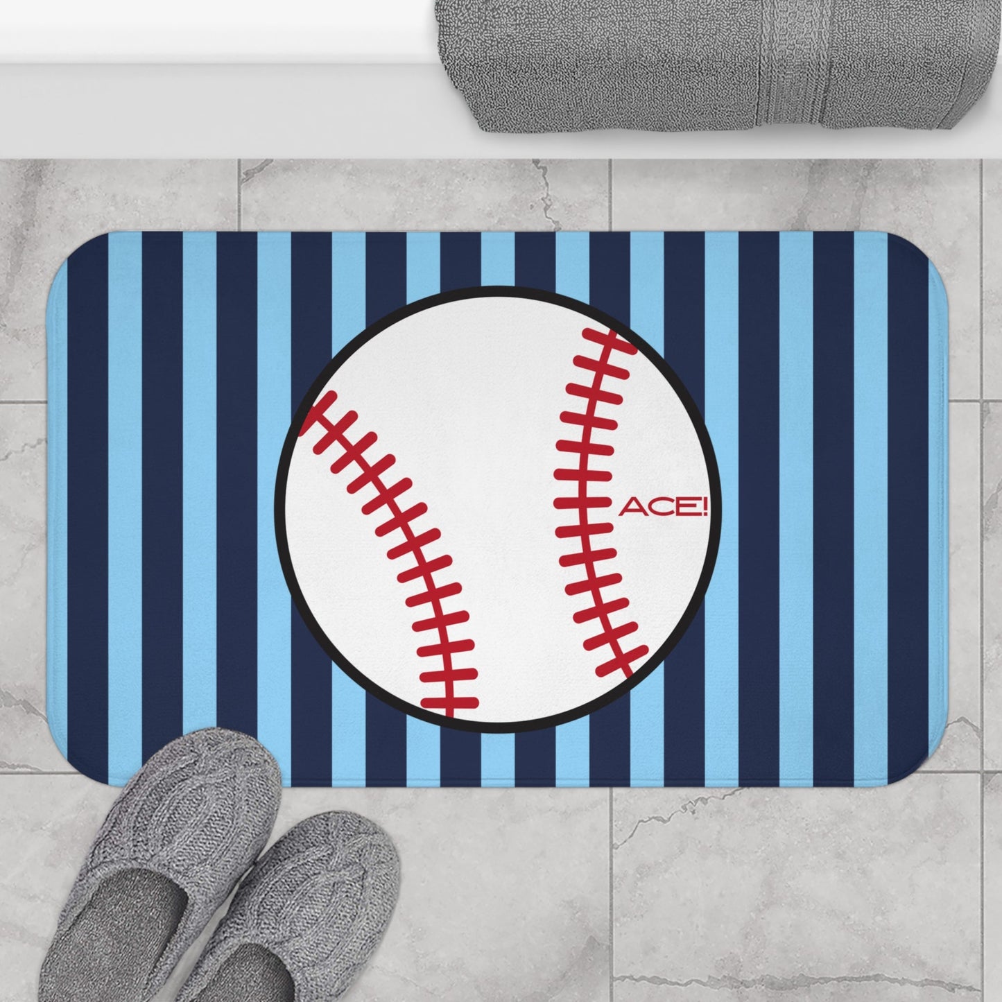 Baseball Bath Mat – Blue Striped Soft Non-Slip Bathroom Rug