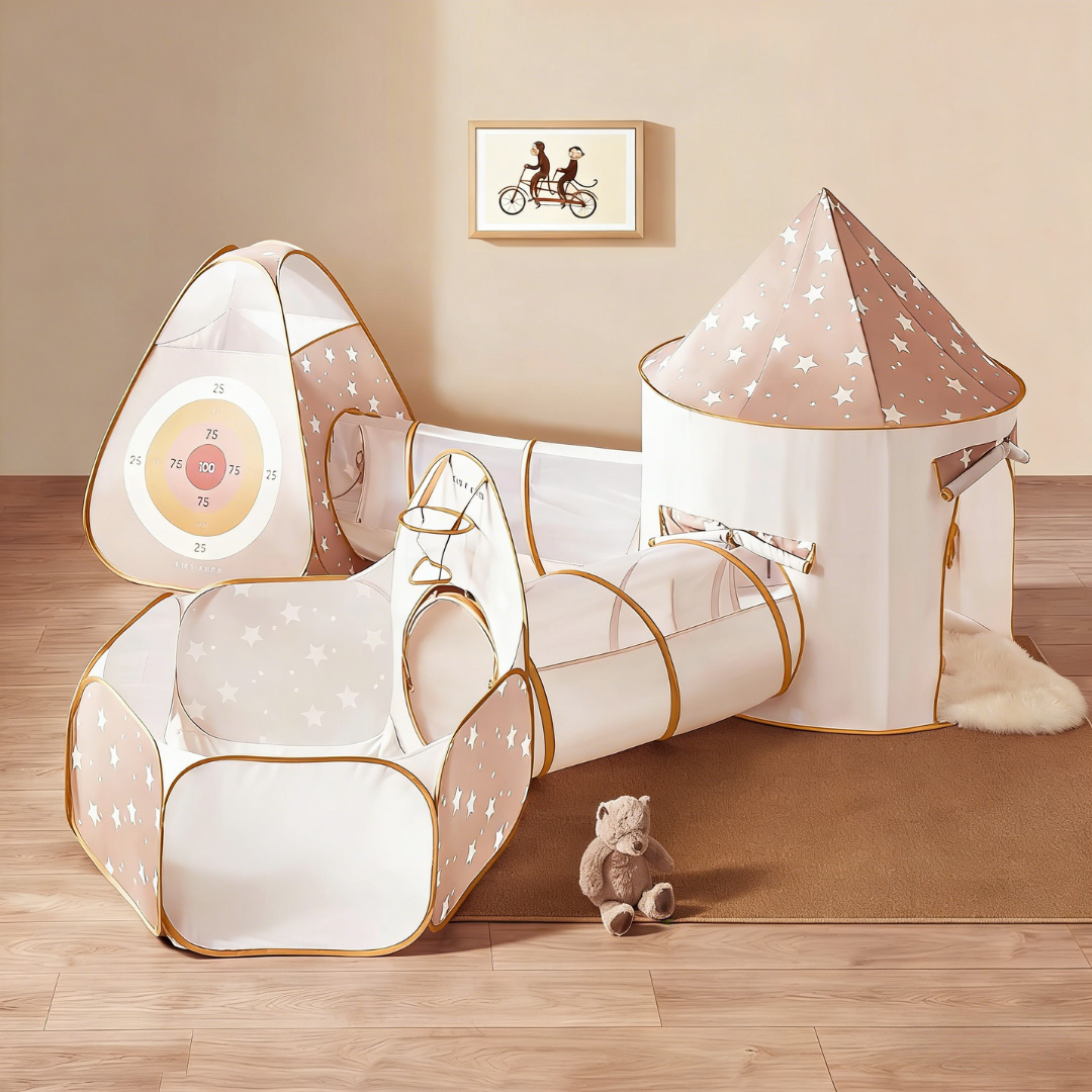 Children's play tent with star patterns on a wooden floor.