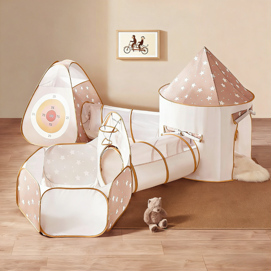 Children's play tent with star patterns on a wooden floor.