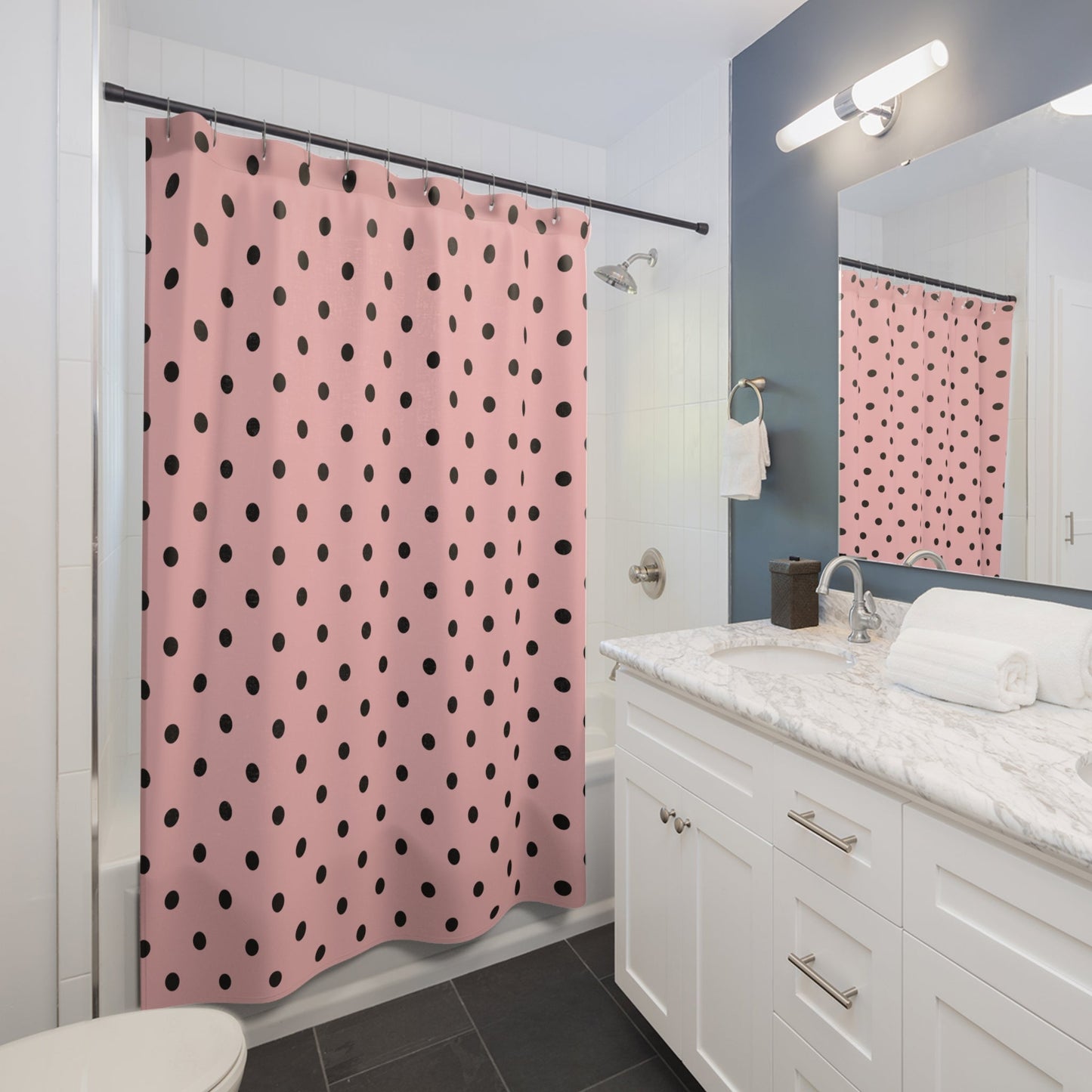 Pink and Black Polka Dot Shower Curtain — Chic Retro Bathroom Decor