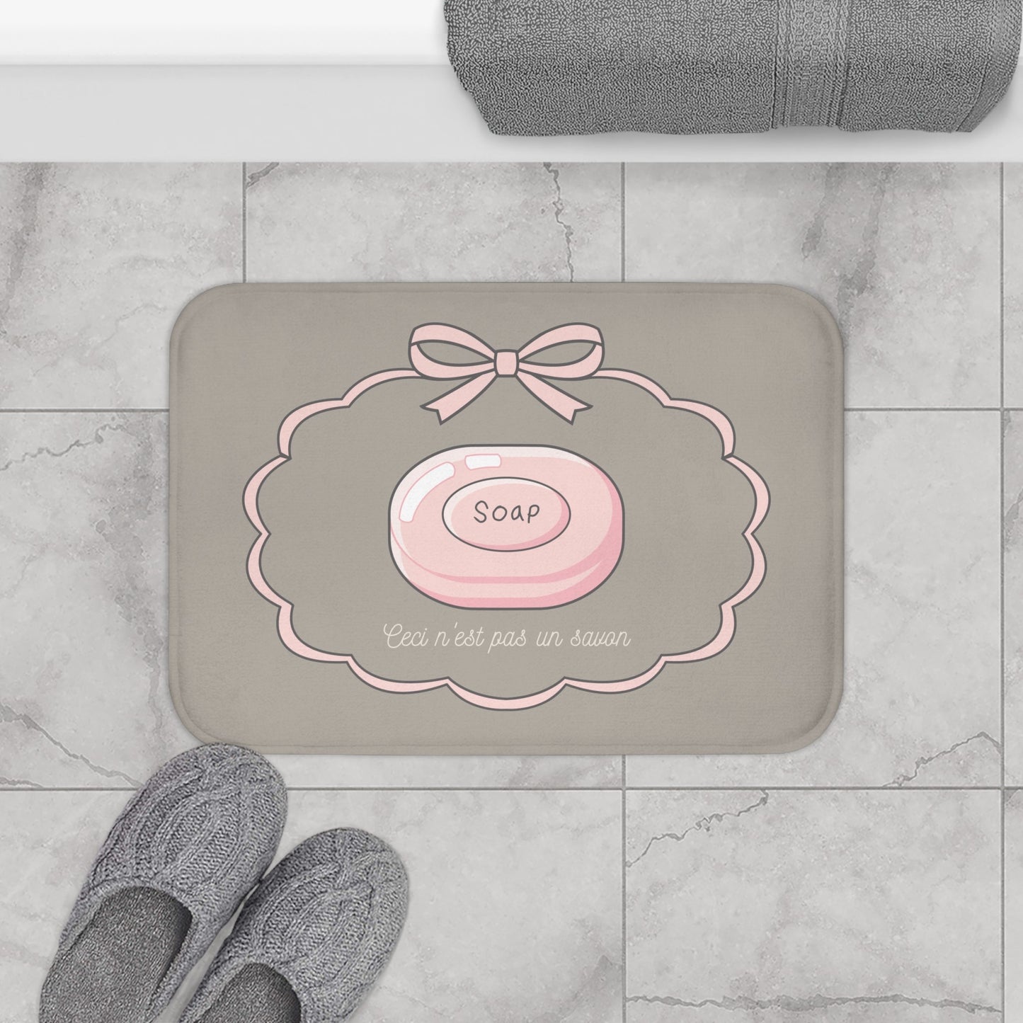 René Magritte 'Ceci n'est pas un savon' Bath Mat, Light GREY  | Surrealist Humor Decor