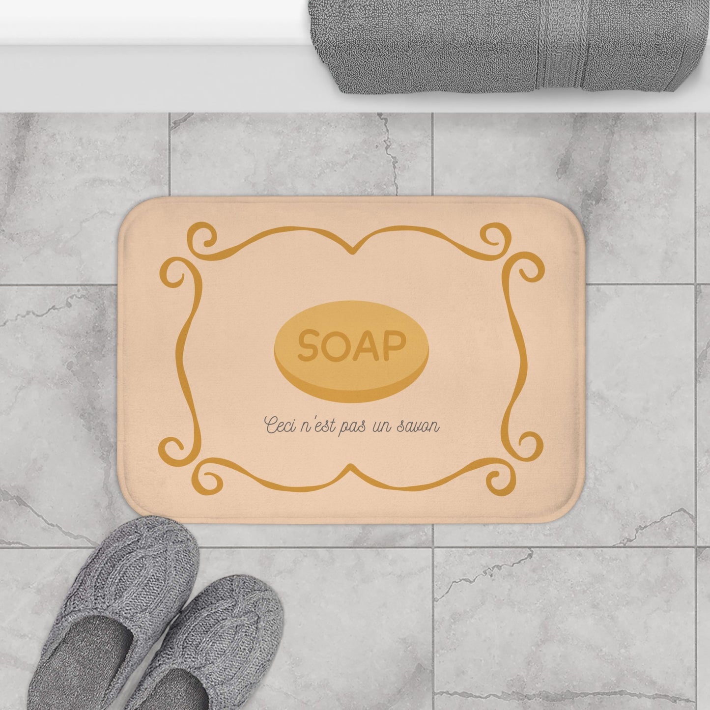 René Magritte 'Ceci n'est pas un savon' Bath Mat, Light ORANGE  | Artistic Bathroom